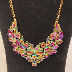 Beautiful Iridescent Green, Pink and Gold Statement Necklace